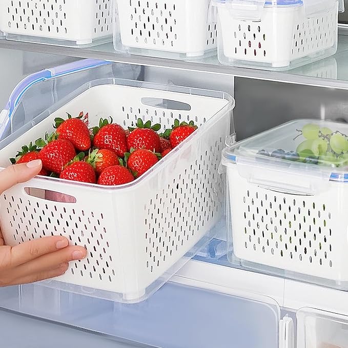 Large Fruit Containers for Fridge - Leakproof Food Storage Containers with Removable Colander - Dishwasher safe Produce Containers Keep Fruits, Vegetables, Berry, Meat Fresh longer (2)
