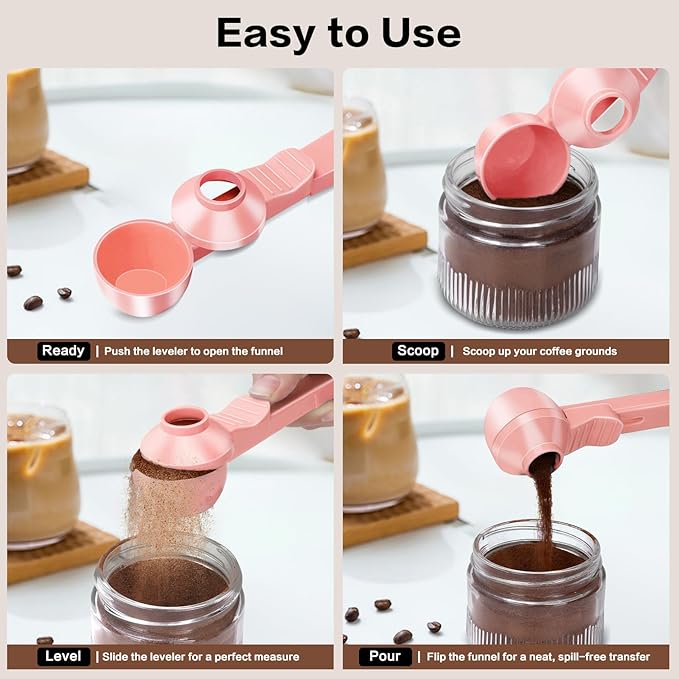 2-in-1 Coffee Scoop with Funnel, 2 Teaspoon Measuring Spoon for Reusable K Cups, Ground Coffee, Protein Powder & Tea, Mess-Free Plastic Design (Pink)
