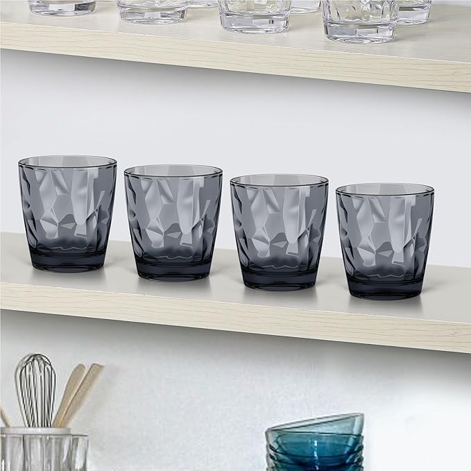 Topsky 10 oz Plastic Water Tumblers | Set of 4 Transparent Unbreakable Drinking Glasses Clear Acrylic Reusable Juice Wine Cups for Home Picnic Party, Dishwasher Safe, Stackable (Gray)