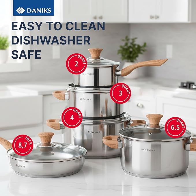 Daniks Oslo 10-Piece Stainless Steel Induction Cookware Set – Dishwasher Safe Saucepan, Frying Pan, Pots with Stay-Cool Handles, Glass Lids, Silver