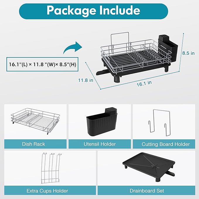 BOOSINY Dish Drying Rack for Kitchen Counter, Stainless Steel Dish Drainers with Drainboard Set, Space Saving, Compact Metal Plates Strainers Rack with Cup Holder, Utensil Holder