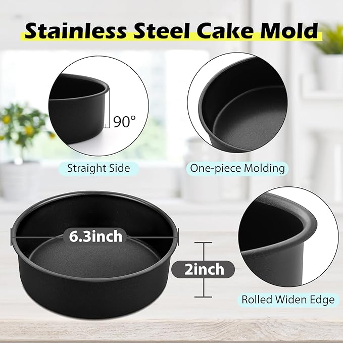LIANYU 6 Inch Cake Pan Set of 3, Stainless Steel Round Smash Cake Baking Pans Tins, Bakeware for Birthday Wedding Party, Leak-proof & Nonstick, Dishwasher Safe, Black