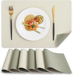 MOSAYT Vinyl Placemats Set of 6, Heat Resistant Place Mats 100% Waterproof Washable & Wipeable Faux Leather Reversible Table Mats for Kitchen Dining Party Indoor Outdoor, 12" x 17", Beige/Sage Green