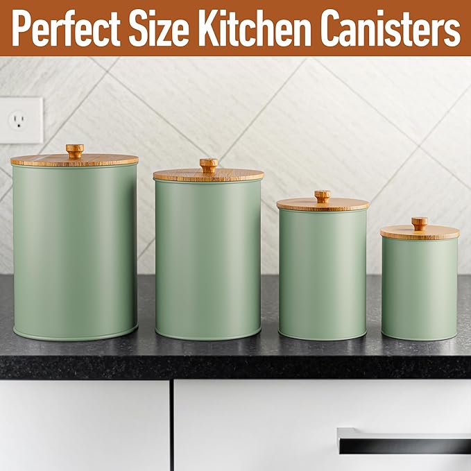 Kitchen Canisters for Countertop Set of 4 with Customizable Chalkboard Labels & Marker Pen - Big Iron Kitchen Canisters with Airtight Lids - Sage Green Canister Set - Flour and Sugar Containers