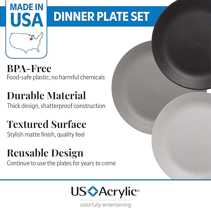 US Acrylic Everest Ultra-Durable Plastic 10 inch Dinner Plates in Grey Stone | Set of 6 Reusable, BPA-Free, Made in the USA, Dishwasher Safe Dinnerware