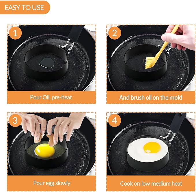 4 Pack Egg Poachers Rings, Stainless Steel Egg Cooking Rings, Round Pancake Mold for Frying Eggs, Omelet and Muffins, Non-stick Fried Egg Mold Ring, 4 Shapes