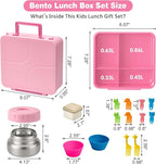 Bento Lunch Box with 9.5 oz Soup Thermo, Kids Leakproof 4 Compartments Bento Box with Silicone Cupcake,Fruit Fork,Spoon and Sauce Cup,Insulated Food Jar for School Travel-Pink