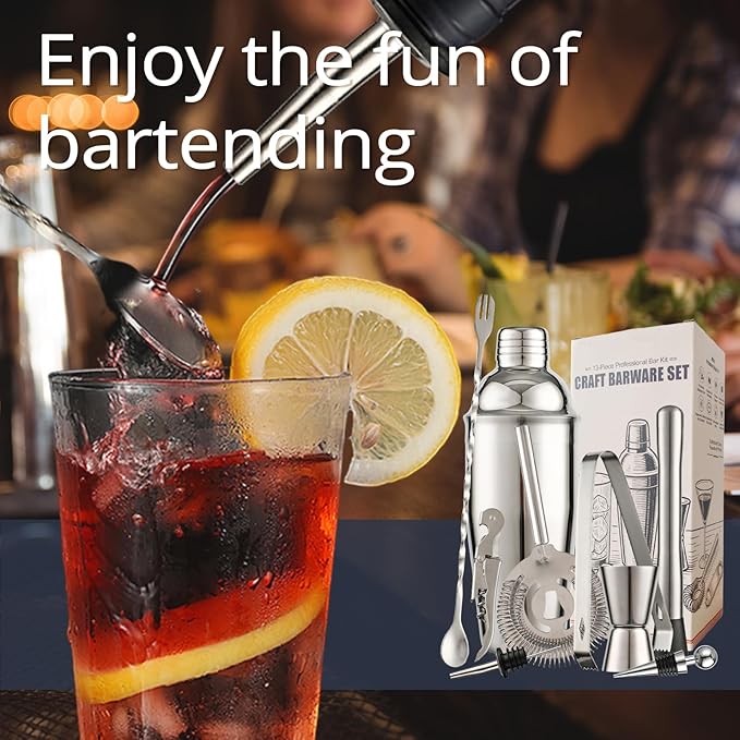 13-Piece Bartender Kit Bar Tool Set – Boston Cocktail Shaker Set with Muddler,Strainer,Jigger,Spoon–Home Bar Accessories and Drink Mixer Gift for Bartesian,Housewarming, Bar Cart Decor