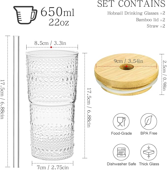 2 Pack 20oz Hobnail Drinking Glasses with Bamboo Lids and Glass Straw,High Borosilicate Glass Tumbler Cup Reusable Wide Mouth Smoothie Cups,Beer, Iced Coffee Glasses, Soda