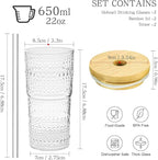 2 Pack 20oz Hobnail Drinking Glasses with Bamboo Lids and Glass Straw,High Borosilicate Glass Tumbler Cup Reusable Wide Mouth Smoothie Cups,Beer, Iced Coffee Glasses, Soda