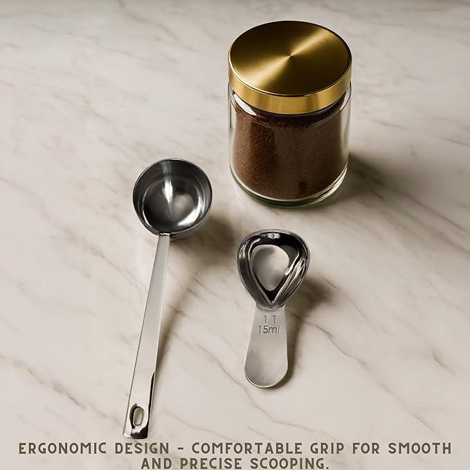 Coffee Scoop Set – 30ml Round & 15ml Curved Stainless Steel Measuring Spoons – Dual Design for Perfect Coffee Tea, & More – Ergonomically Balanced Handles
