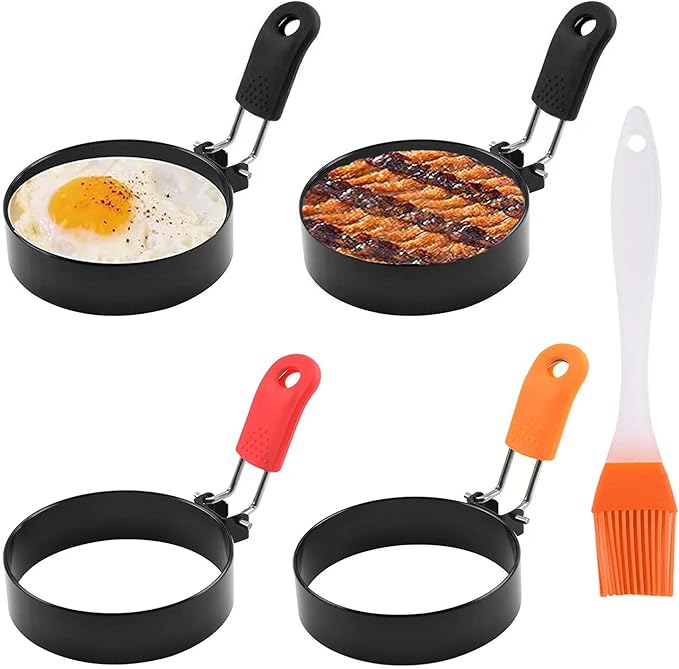 3.5" Nonstick Stainless Steel Egg Rings Set of 4 with Oil Brush, Round Crumpet Ring Mold for Muffins Pancake Cooking Griddle, Portable Grill Accessories for Indoor Camping Breakfast Sandwich Burger