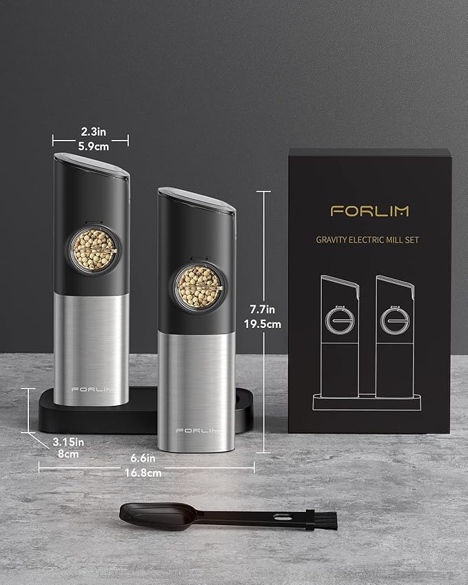 FORLIM Gravity Electric Salt and Pepper Grinder Set, Upgraded Large Capacity, USB Rechargeable Automatic One Hand Operated, Adjustable Coarseness, Auto Dust Lid, LED Light(Stain Steel Black)