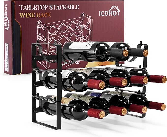 Stackable Wine Rack Countertop, Sturdy Bottle Holder Freestanding for Cabinet, 3 Tier Small Tabletop Wine Holder Stand, Wire Bottle Rack Metal Storage Organizers