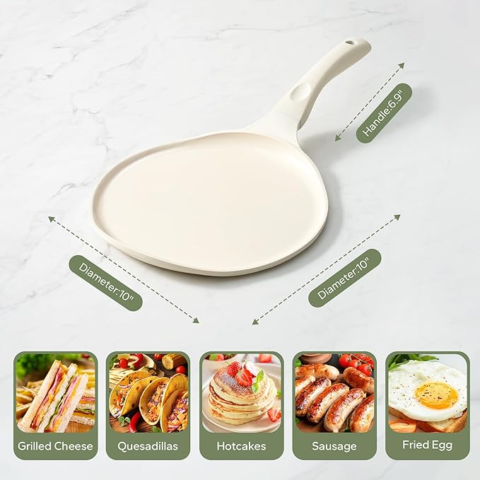 Redchef Crepe Pan Nonstick, 10 Inch Ceramic Flat Skillet Pan for Roti Dosa Tawa Comal Para Tortillas Pancake Pan for Stove Top, Induction Compatible, PFAS/PFOA/PTFE Free(Beige White)