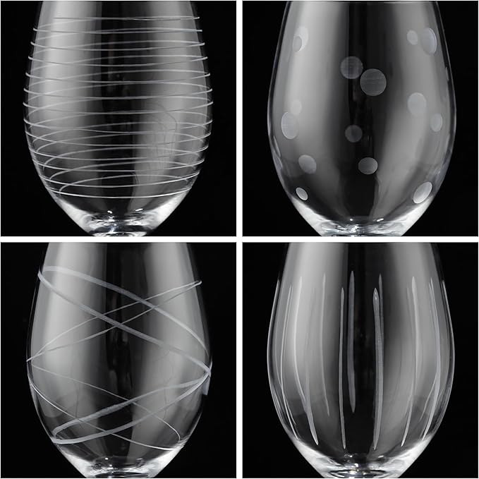 Joeyan Hand Blown Etched Red and White Wine Glasses,Stemmed Glasses with Stripes and Dots Pattern,Clear Carved Long Stem Glassware Set for Wine Tasting Birthday Anniversary Wedding,19 oz,Set of 4