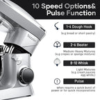 9.5 Qt Stand Mixer, 10-Speed Tilt-Head Food Mixer, Vezzio 660W Kitchen Electric Mixer with Stainless Steel Bowl, Dishwasher-Safe Attachments for Most Home Cooks(Silver)