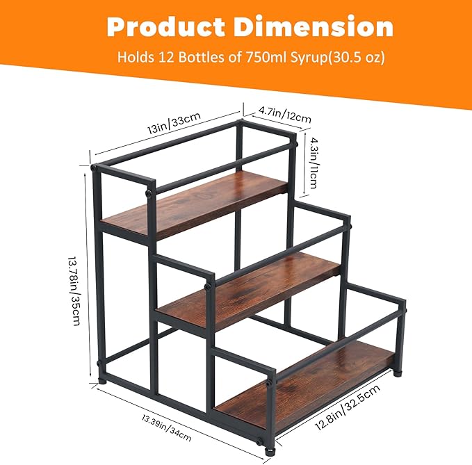 Coffee Syrup Rack - 3-Tier 12 Syrup Bottles Holder - Liquor Bottle Display Shelf - Kitchen Cabinet Organizer for Jars, Condiments - Wooden Countertop Organizer for Seasonings, Tea, or Coffee