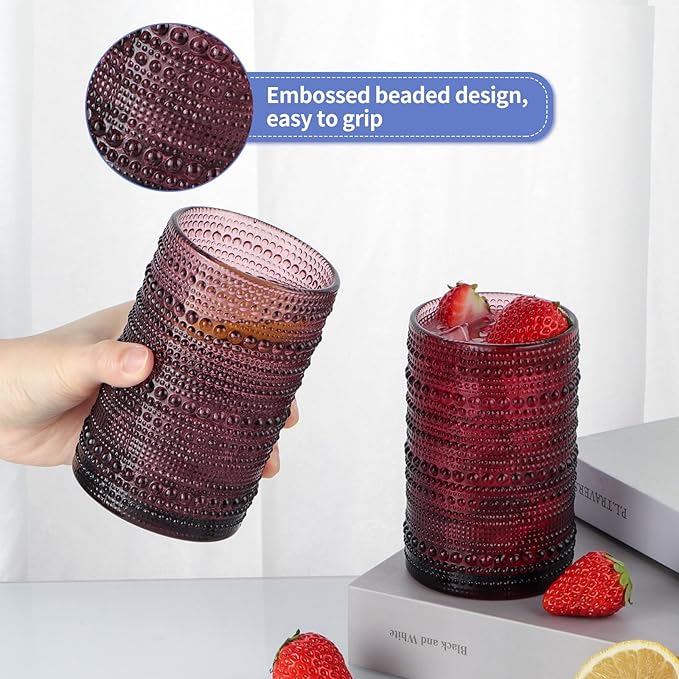 MOLIGOU 6 Pcs Embossed Drinking Glasses, 15oz Vintage Highball Glasses, Beaded Glass Drinking Cups (Purple)