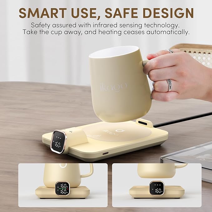 Coffee Mug Warmer Set, Temperature Control Smart Heated Mug for Desk, Electric Coffee Warmer with Auto Shut Off & Real-Time Temp Display, Gifts for Men Women, 15oz, Beige
