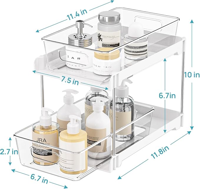 Vtopmart 2 Pack Bathroom Organizer, 2 Tier White Under Sink Organizers Vanity Countertop Storage Container,Cabinet Drawers Bins, Pull-Out Organization with Track for Pantry, Kitchen