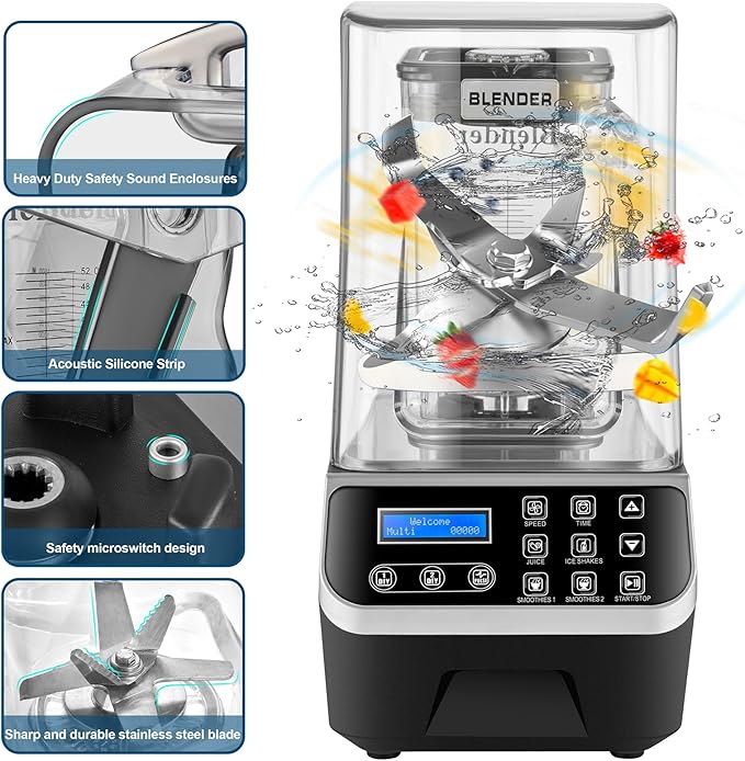 Commercial Blender 2200W 2.1QT 68OZ Quiet Blender Brushless Motors Commercial Smoothies, Frozen Drinks,Self-Cleaning，Electric Countertop Blenders Heavy-Duty,Silver Grey
