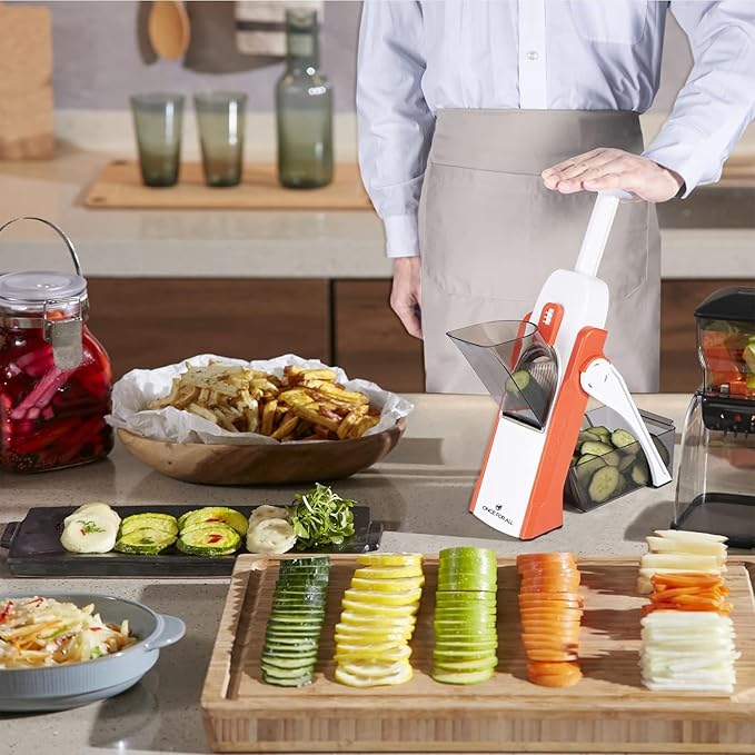ONCE FOR ALL Safe Mandoline Slicer 5 in 1 Vegetable Cutter, Strips Julienne Dicer Adjustable Thickness 0.1-8 mm for Kitench Fast Meal Prep (Orange)