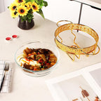 Casserole Dish 9"Glass Baking Dish with Stainless steel Lid and rack, Golden round 1.5 Qt Baking Pan For Casserole & Lasagna, Microwave Dishwasher Freezer Oven Safe