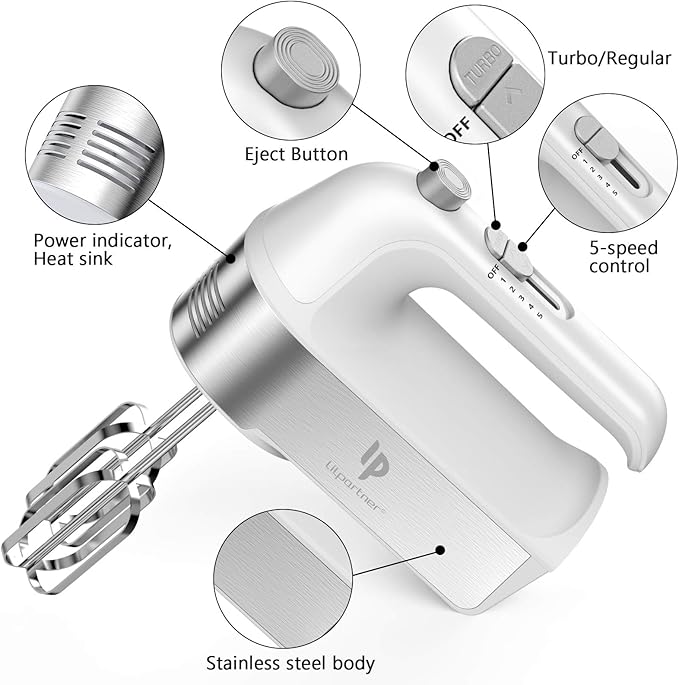 Hand Mixer Electric, 450W Kitchen Mixers with Scale Cup Storage Case, Turbo Boost/Self-Control Speed + 5 Speed + Eject Button + 5 Stainless Steel Accessories, For Easy Whipping Dough,Cream,Cake