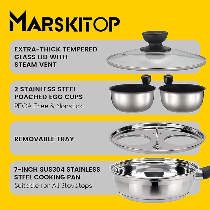 MARSKITOP Egg Poacher Pan Nonstick 2 Eggs, Poached Egg Cooker Stainless Steel Egg Poaching Pan, Poached Egg Pan PFOA Free, Poached Egg Maker
