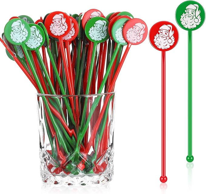 Chengu 100 Pcs Christmas Drink Stirrers Xmas Stir Sticks Bulk Holiday Coffee Stirrers Plastic Swizzle Stick Hot Cocoa Bar Supplies Chocolate Decoration Reusable Cocktail Mixer(Santa Claus)