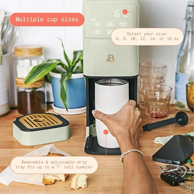 Beautiful Perfect Grind Programmable Single Serve Coffee Maker with Touch-activated Display, Programmable and Integrated Burr Grinder, 64oz Water Reservoir (Sage Green)