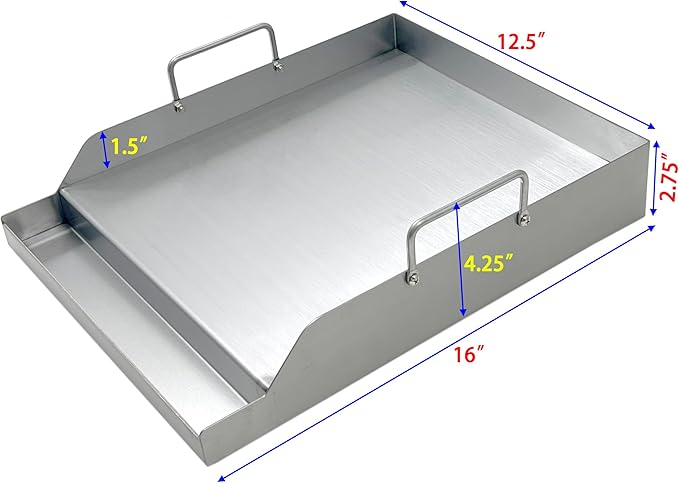 Direct Store Parts DS125 Stainless Steel BBQ Cooking Griddle, Universal Flat Top Griddle with 2 Handles for Most Gas Grills, W12.5"×D16"×H2.75", Heavy Duty Stainless Steel Griddle 1PC, Small Size