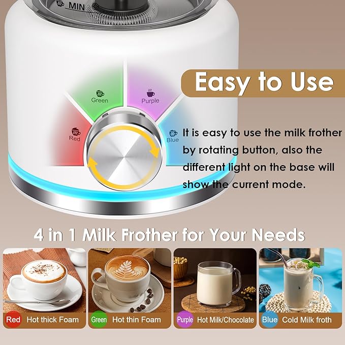 Milk Frother and Steamer, 16.9 OZ Milk Frother for Coffee, 4 in 1 Frother Separable Easy to Use and Clean, Durable Safe Silent Working for Coffee, Latte, Cappuccino Hot Chocolate, White Glass