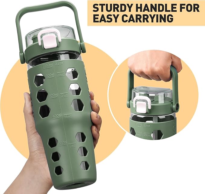 MUKOKO 32 oz Glass Tumbler with Straw,Glass Water Bottles with Time Marker,Iced Coffee Cup with Silicone Sleeve,Motivational Drinking Bottles,Leakproof-Olive