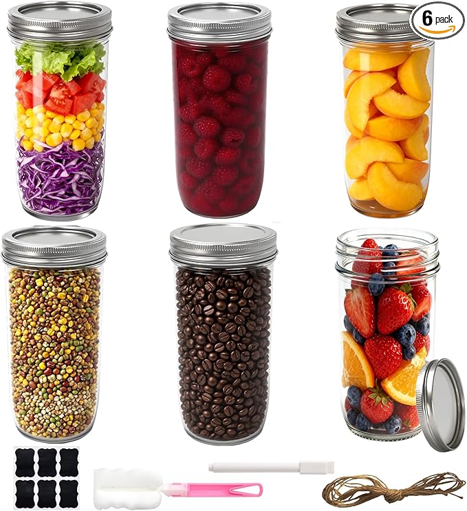 Wide Mouth Mason Jars 24 oz with Lids, Glass Jars with Airtight Lids and Band, Safe for Canning, Food Storage, Pickling, Overnight Oats Container, Pint and A Half Size (Pack of 6)