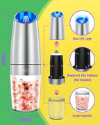 Rongyuxuan Gravity Electri Salt and Pepper Mill Set,Pepper Grinder with Ceramic Rotor,Acrylic Container,Stainless Steel Middle,Blue LED Light,Battery Powered,Adjustable Coarseness,One Hand Use,Sliver