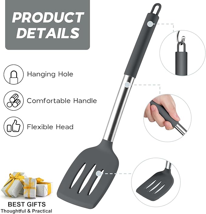 Kitchen Cooking Utensils Set of 15, Silicone and Stainless Steel Utensils Spatula Set with Holder, Heat Resistant & Dishwasher Safe - Grey
