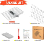 Grill Basket for Outdoor Grill, Stainless Steel Grilling Basket with Foldable Handle, Portable BBQ Cooking Rack for Fish, Vegetables, Shrimp, Chicken - Includes BBQ Skewers 6pcs,Basting Brush,Scrub Sponge-Upgrade