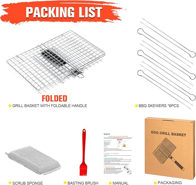 Grill Basket for Outdoor Grill, Stainless Steel Grilling Basket with Foldable Handle, Portable BBQ Cooking Rack for Fish, Vegetables, Shrimp, Chicken - Includes BBQ Skewers 6pcs,Basting Brush,Scrub Sponge-Upgrade