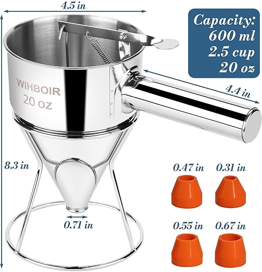 Stainless Steel Pancake Batter Dispenser with Squeeze Handle and Multi-Nozzle, for Pancakes, Cupcakes, and Baked Goods. 20 oz