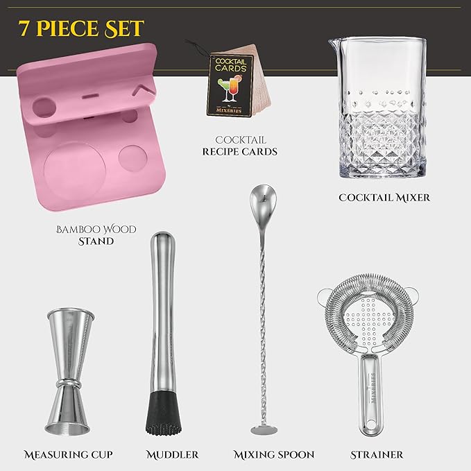 Crystal Cocktail Mixing Glass Set with Bamboo Stand - 22 Oz 650ml - Thick and Sturdy Bottom, Durable and Seamless Design with Bar Accessories, Pink
