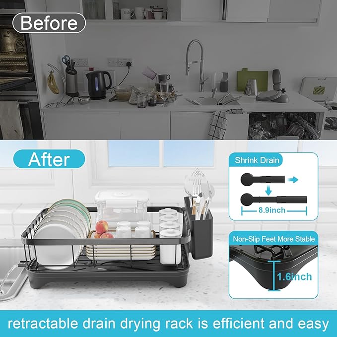Dish Drying Rack with Drainboard - Space Saving Single Layer Drying Rack,Large Capacity Kitchen Organizer with Utensil Holder & Cutlery Tray, Countertop Dish Drainer Black