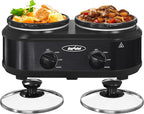 2 * 1.25 Quarts Dual Slow Cooker, Buffet Server & Warmer with 2 Removable Ceramic Pots, 3 Adjustable Temp Settings & 2 Visible Glass Lids, Stainless Steel, Black