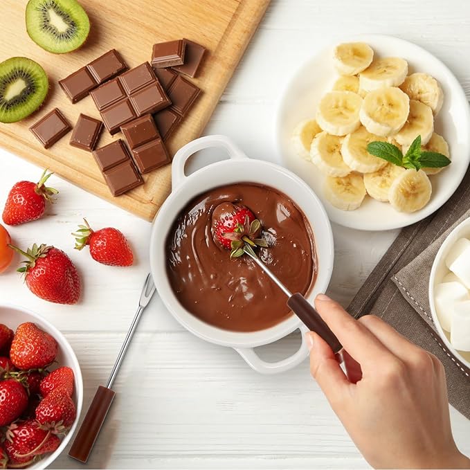 BSTKEY 300ML Ceramic Butter Warmer Set with 2 Forks, White Fondue Pot Melting Pot Set, Melt Hot Pot Bowl Set for Cheese Chocolate Butter Caramel