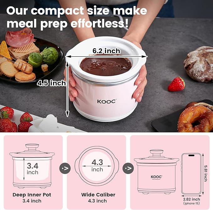 KOOC Small Slow Cooker, 0.65 Quart, Free Liners Included, Upgraded Ceramic Pot, Nutrient Loss Reduction, Sauces, Stews & Dips, Stainless Steel, Pink, Round