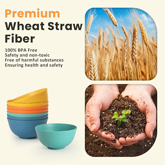 Homienly Plastic Bowls Alternative, Unbreakable Wheat Straw Cereal Bowls 8 PCS - Microwave & Dishwasher Safe Bowl for Cereal, Snack, Rice, Salad, Soup Bowls for Kitchen, Camping, Party(Muliti,26 OZ)