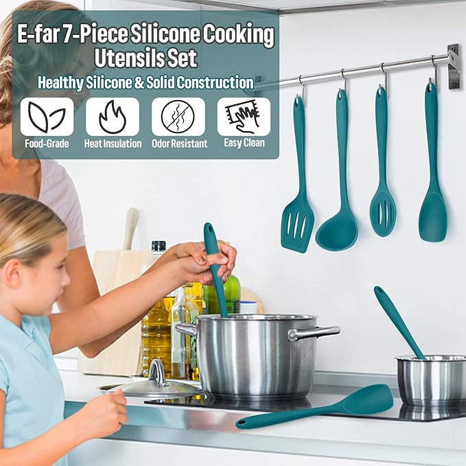 Silicone Cooking Utensils Set, E-far 7-Piece Blue Heat Resistant Kitchen Utensils Set, Kitchen Nonstick Tools Spatula Ladle Spoon Pasta Server for Non-stick Cookware, Non-Toxic & Dishwasher safe