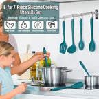 Silicone Cooking Utensils Set, E-far 7-Piece Blue Heat Resistant Kitchen Utensils Set, Kitchen Nonstick Tools Spatula Ladle Spoon Pasta Server for Non-stick Cookware, Non-Toxic & Dishwasher safe