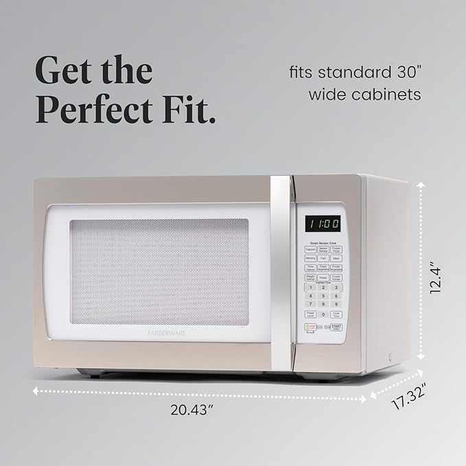 Farberware Countertop Microwave 1100 Watts, 1.3 cu ft - Smart Sensor Microwave Oven With LED Lighting and Child Lock - Perfect for Apartments and Dorms - Easy Clean Retro White, Platinum